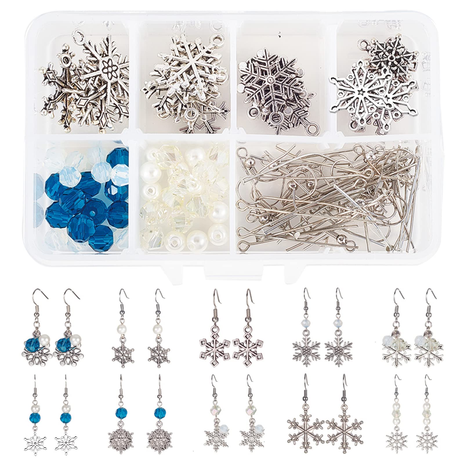 SUNNYCLUE 1 Box DIY 10 Pairs Snowflake Earrings Making Kit Christmas Snowflake Charms Pendant Dangle Hook Jewellry Findings Crafts for Women Adults Earring Making, Antique Silver — image 1