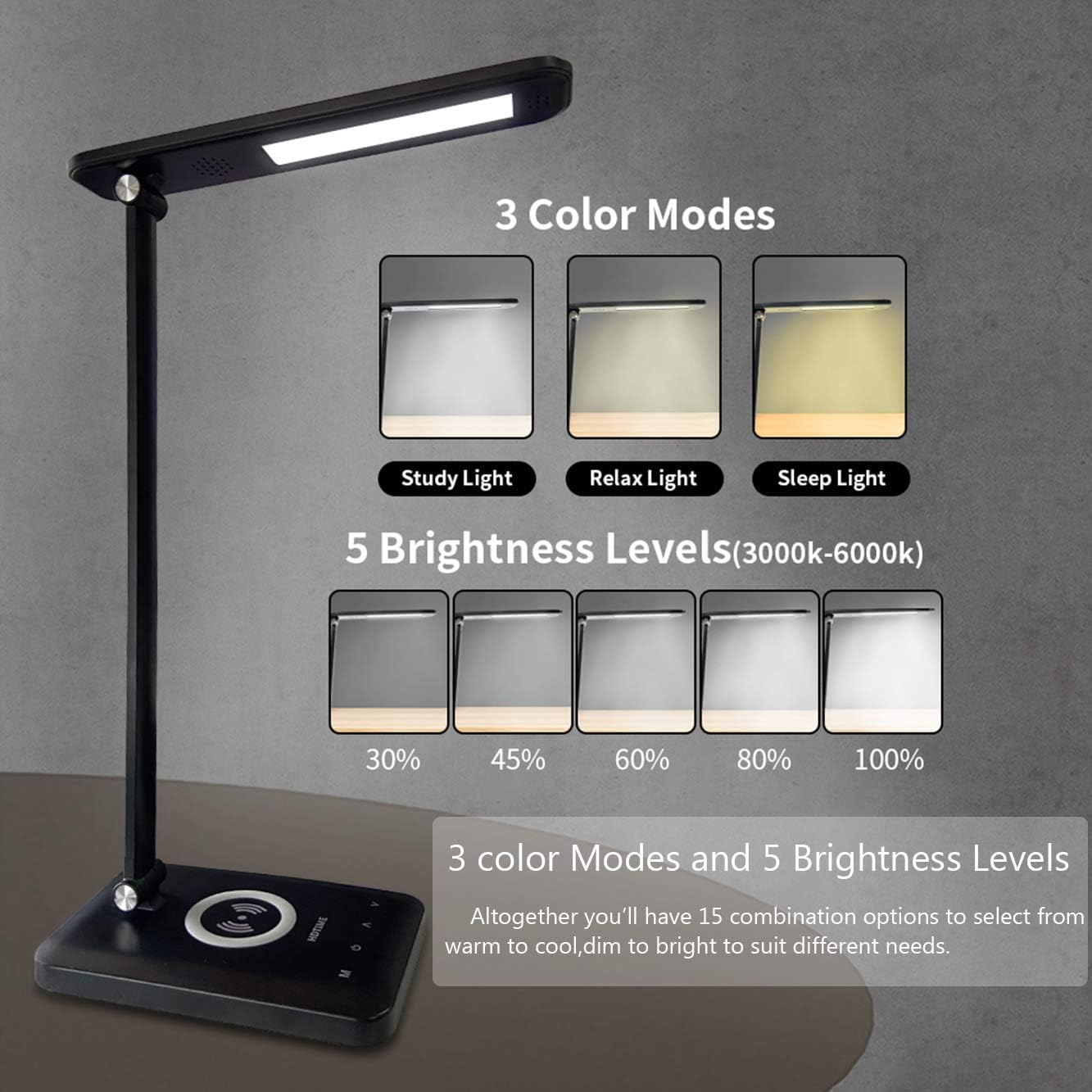 HDTIME Desk Lamp Black with Wireless Charger USB Charging Port 3 Lighting Modes with 5 Brightness Levels Touch Control Eye Care Desk Light for Home Office: Home Improvement