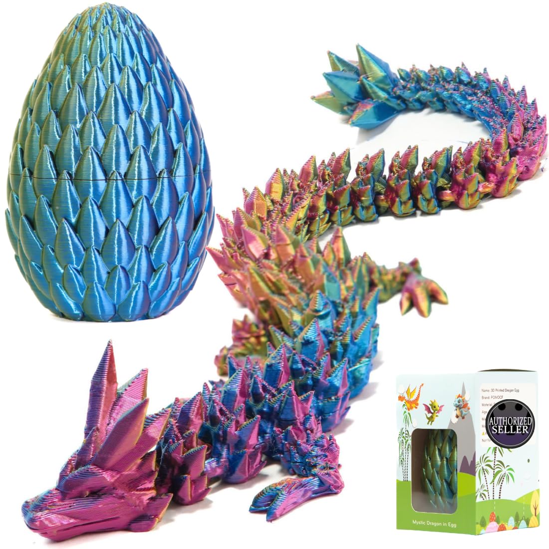 ELORION 12” 3D Printed Articulated Fidget Figure in 5” Egg , Prefilled Dragon Egg with Dragon Inside, Easter Basket Stuffer Gift (Multicolor)