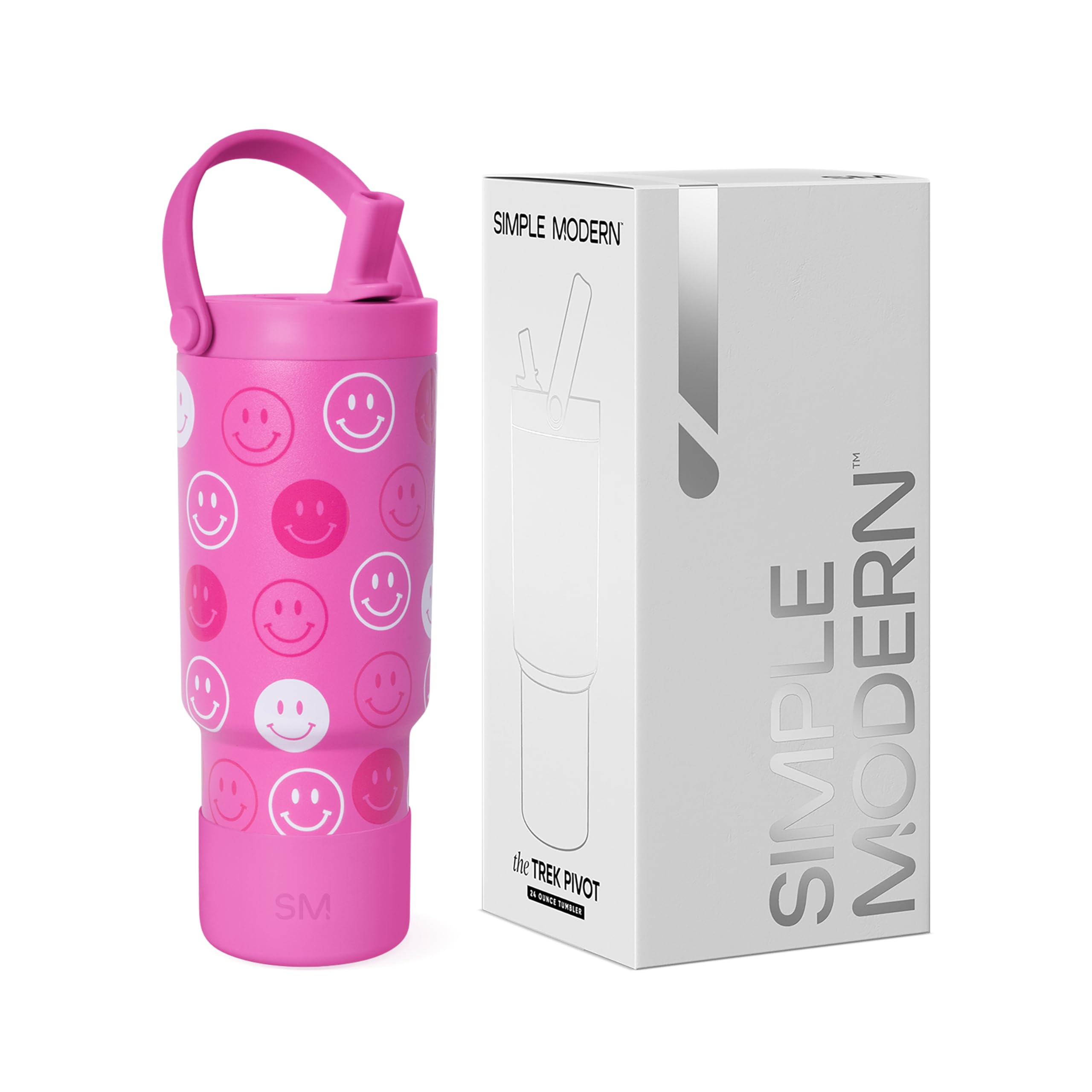 Photo 1 of *** CRACKED LID ***Simple Modern Trek Pivot | 24oz Kids Flip Straw Tumbler with Handle and Silicone Boot | Insulated Water Bottle Stainless Steel Cup | School Travel Jug | Pink Happy Faces
