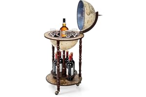 Safstar 17.5” Wood Globe Wine Bar Cart, 16th Century Italian Replica Liquor Bottle Storage Shelf w/Bottom Shelf & 3 Wheels, M