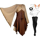 Jadive 5 Pcs Women Elf Renaissance Medieval Dress Traditional Irish Fairy Viking Costume Elf Ear for Halloween Cosplay