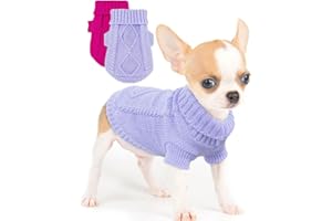 KALLFIR'S CUTIE 2 Pieces Chihuahua Clothes Small Dog Sweater, Spring Winter Cute Knitwear Turtleneck Thick Warm Clothes for Yorkie Cat Extra Small Dog Clothes (X-Small, Plaid Rose+Purple)