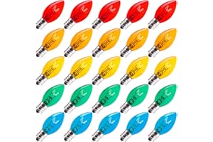 Minetom 25 Pack C7 Christmas Replacement Light Bulbs, Transparent Blubs for C7 String Lights, E12 Candelabra Vintage Christmas Bulbs for Outdoor String Lights, Multicolor