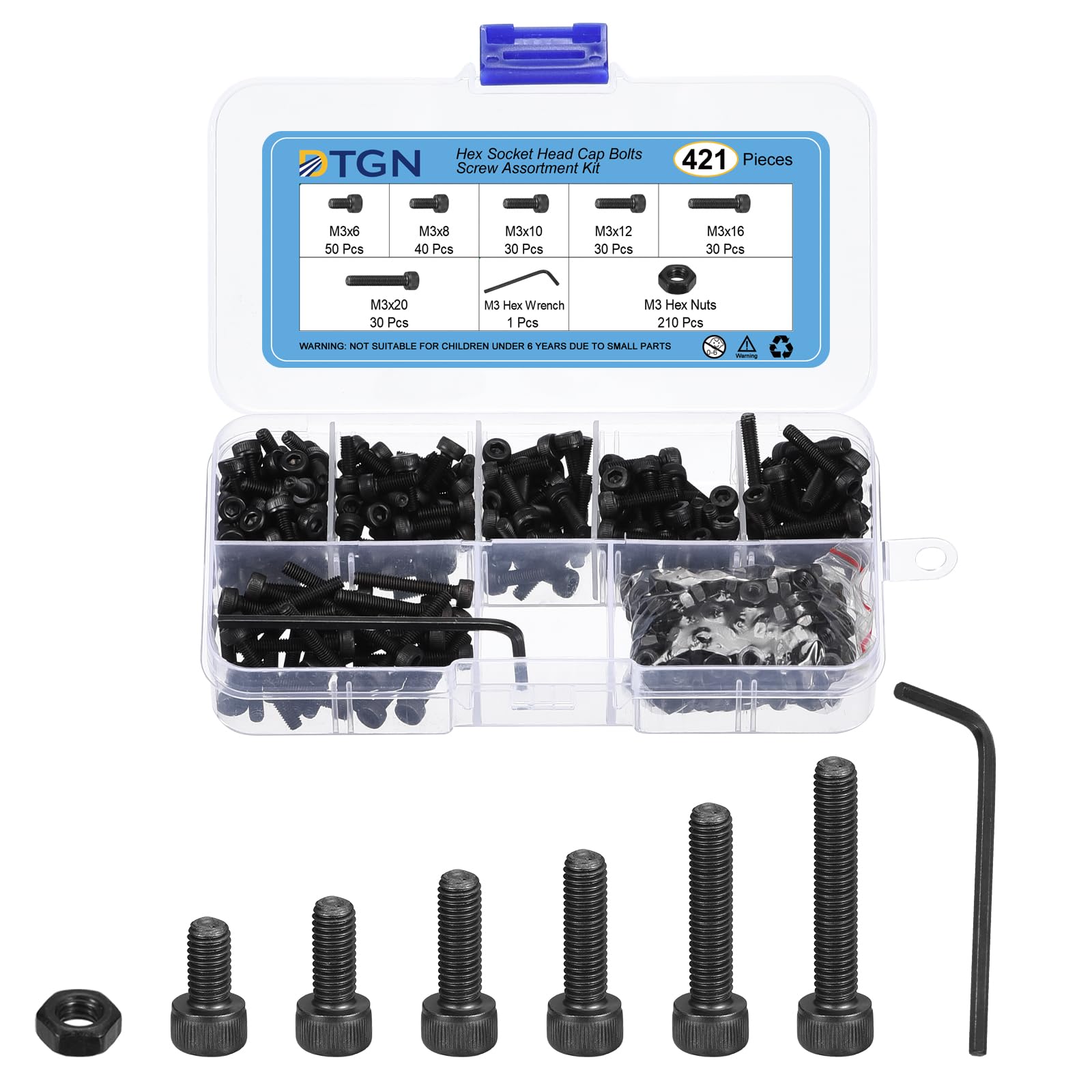 DTGN 420Pcs Metric Screw Assortment, M3 Bolts and Nuts Kit, 12.9 Grade Steel M3x6/8/10/12/16/20mm Hex Socket Head Cap Screws Bolt Set With Wrench