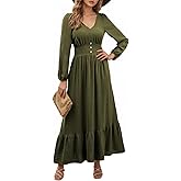 Dokotoo Womens Dresses Fashion 2025 Long Sleeve V Neck Maxi Dresses Elegant Casual Flowy Tiered Boho Beach Vacation Outifits