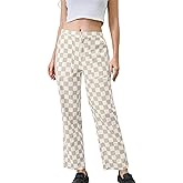 HOCANDY Womens Checkered Pants Zip Off Plaid Gingham Pants Casual Elastic High Waist Straight Leg Jeans with Pockets