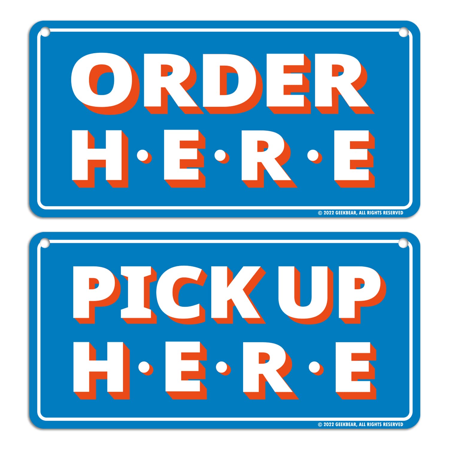 GEEKBEAR Order Here and Pick Up Here Signs (Blue) - Premium Order Here Pick Up Here Signs with Special Hanging Hooks Attachable to Ceiling - 12" X 6" - 2 Pack