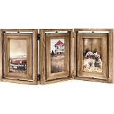 Emfogo 4x6 Picture Frame Rustic Wood Hinged Folding Triple Picture Frames Collage, Double-Sided Display Rotatable High Definition Glass Photo Frame for Home TableTop(Carbonized Black)