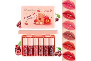 Eakroo 6 Colors Cherry Lip Tint Stain Set, Korean Velvet Lip Gloss Lip Stain Tint Mini Liquid Watery Lipstick, Multi-Use Lip and Cheek Tint, Long lasting, Non-Stick Cup, Waterproof, Vivid Color