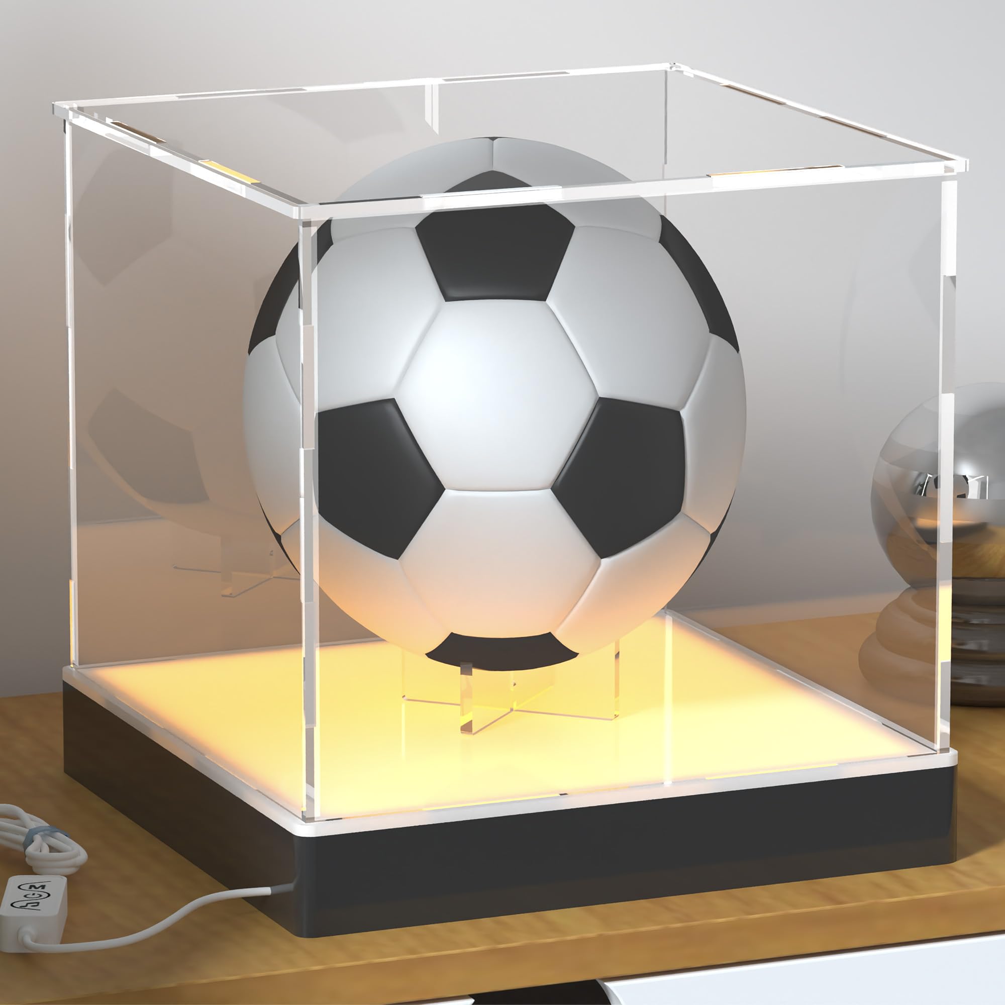 Acrylic Display Case with USB RGB LED Lighting Base, App & Key Controlled, Crystal-Clear Display Box with Ball Stand for Soccer, Volleyball & Football, 25x25x25cm