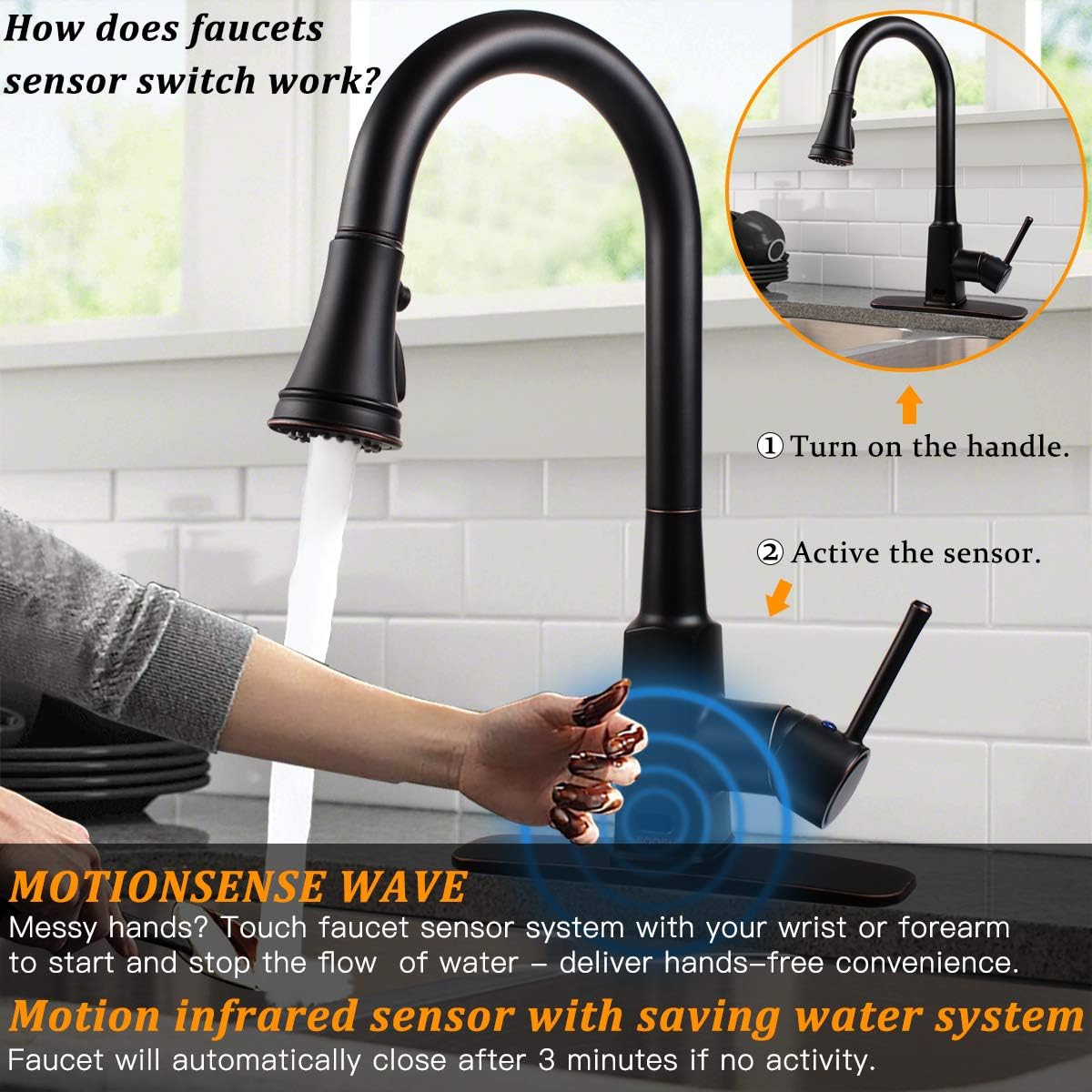 Touchless Kitchen Faucet, Soosi Motion Sensor Single Handle Automatic Kitchen Faucets One/3 Hole3 Setting Sprayer Oil Rubber Bronze Kitchen Faucets with Pull Down Sprayer Spot Free Stainless Steel - - 