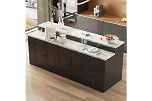 WOODTIME 94.5" W Stationary Kitchen Island Storage Cabinet with Built-in Power Outlet, 2 Countertop, Adjustable Shelves & 3 Drawers for Dining Room, Black & Marble Grain