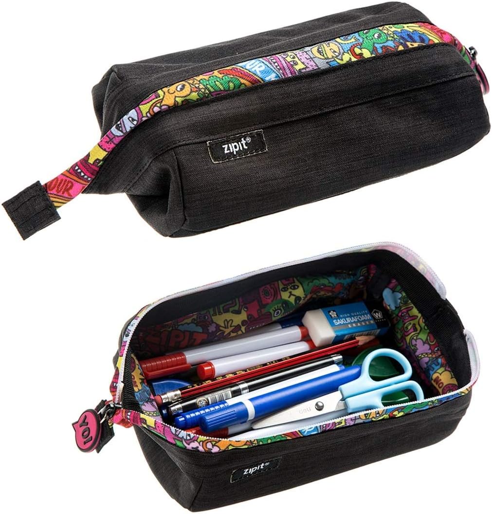 ZIPIT Lenny Pencil Case, Large Capacity Zipper Pouch for School Stationery Bag for Teen Girls Boys and Adults Black
