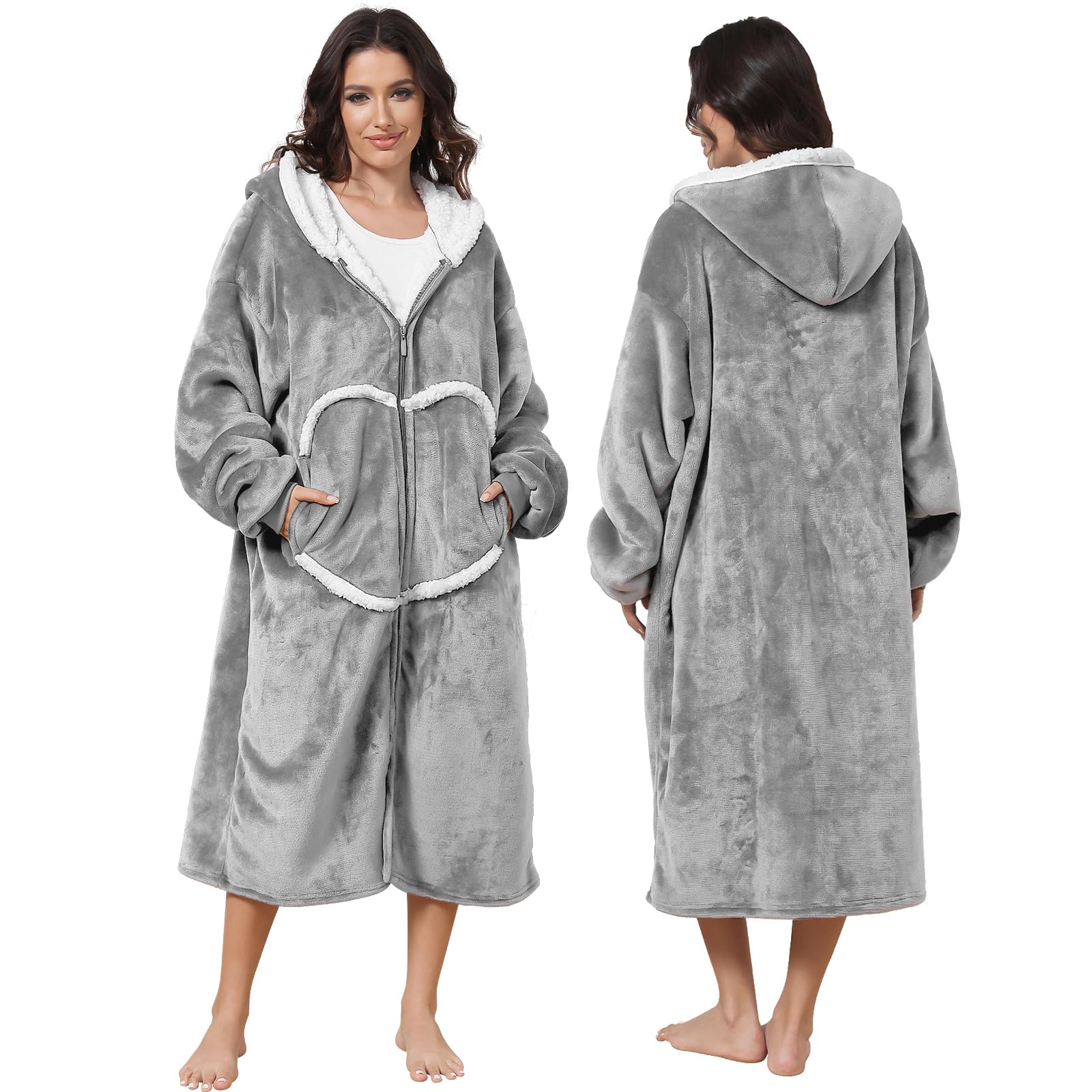 FEELJAM Oversized Wearable Blanket with Sleeves and Hood, Adult Hoodie Blankets with Zip and Pockets (Light Grey-#a, 120)