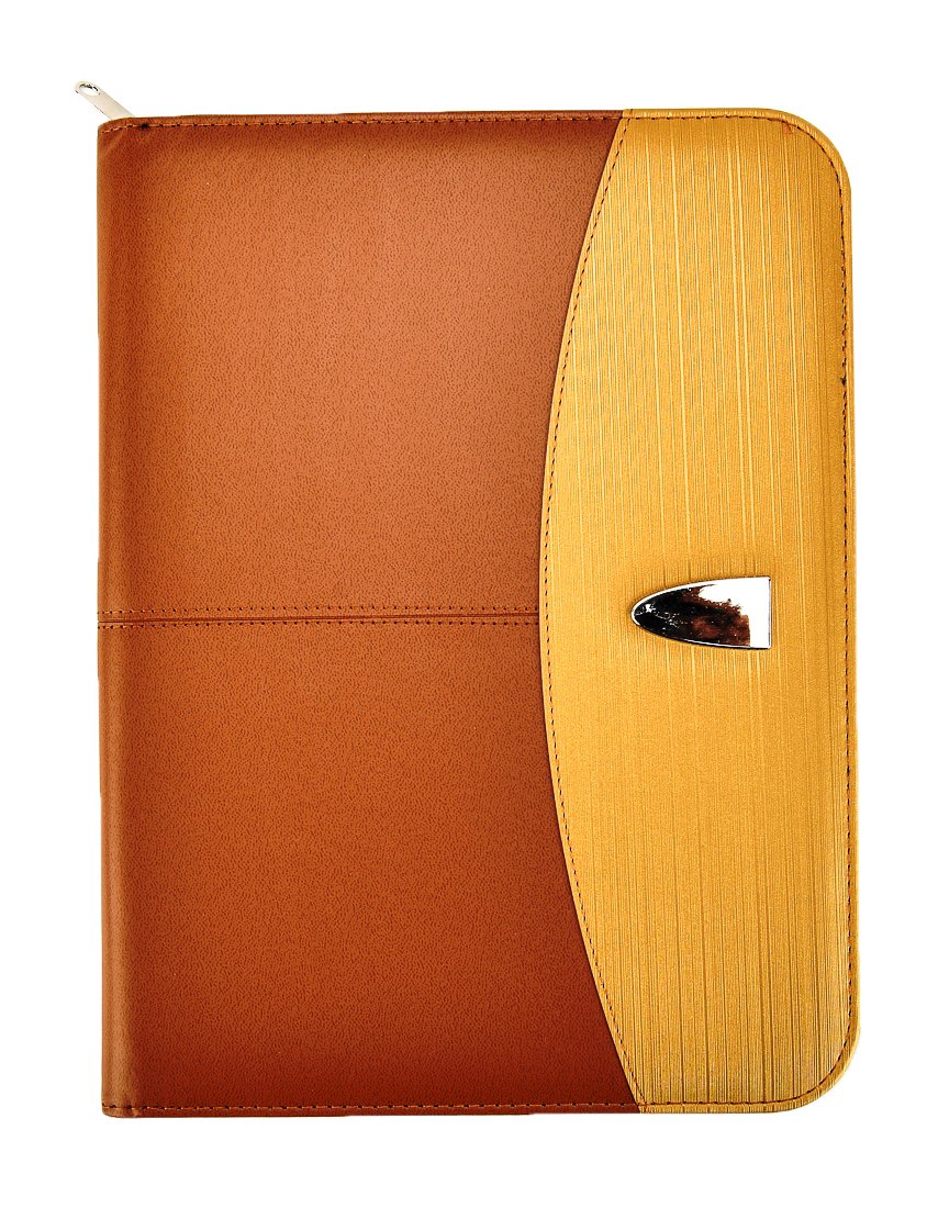 Arpan Deluxe Professional A4 Organiser Portfolio Zipped Work Case Folder/Padded Conference File Folio with Built-in Calculator Note Pad & Business Card Holders - Brown/Tan Gold