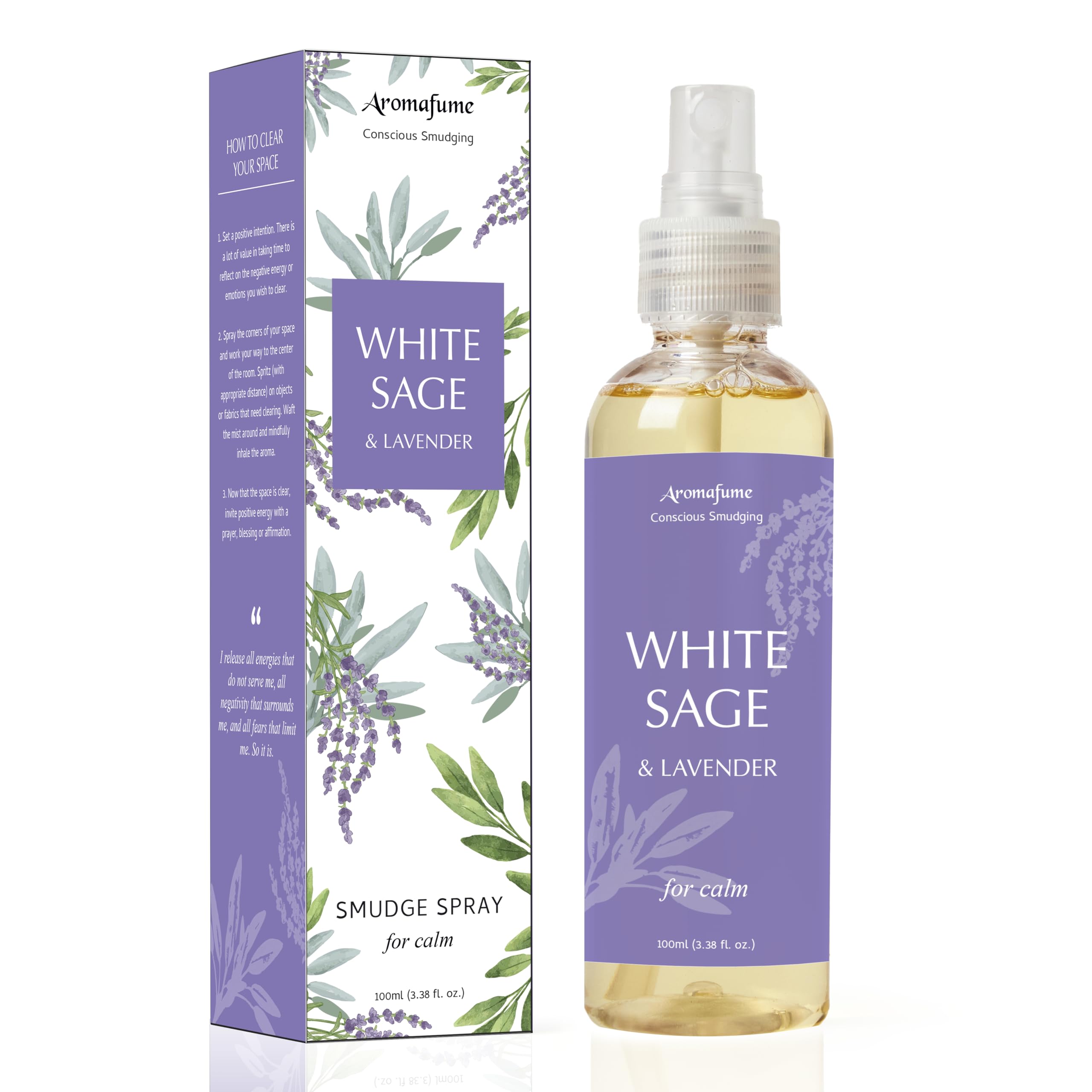 White Sage & Lavender Smudge Spray & Natural Mist by Aromafume | 100 ml / 3.3oz | Salvia Apiana & Lavender Extracts | Deepens Relaxation, Induces positivity | Non-alcoholic, non-toxic & vegan