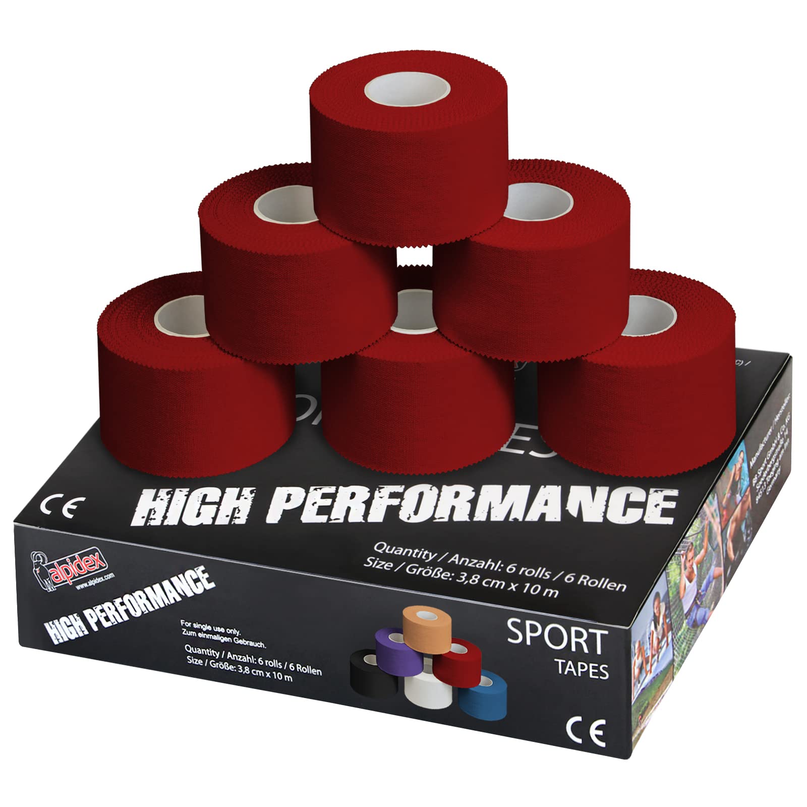 ALPIDEX 6 x Sports Tape 10 m x 3.8 cm Many Colours Zinc Oxide Finger Tape Tearable Skinfriendly Handball Football Volleyball Rugby, Colour:red