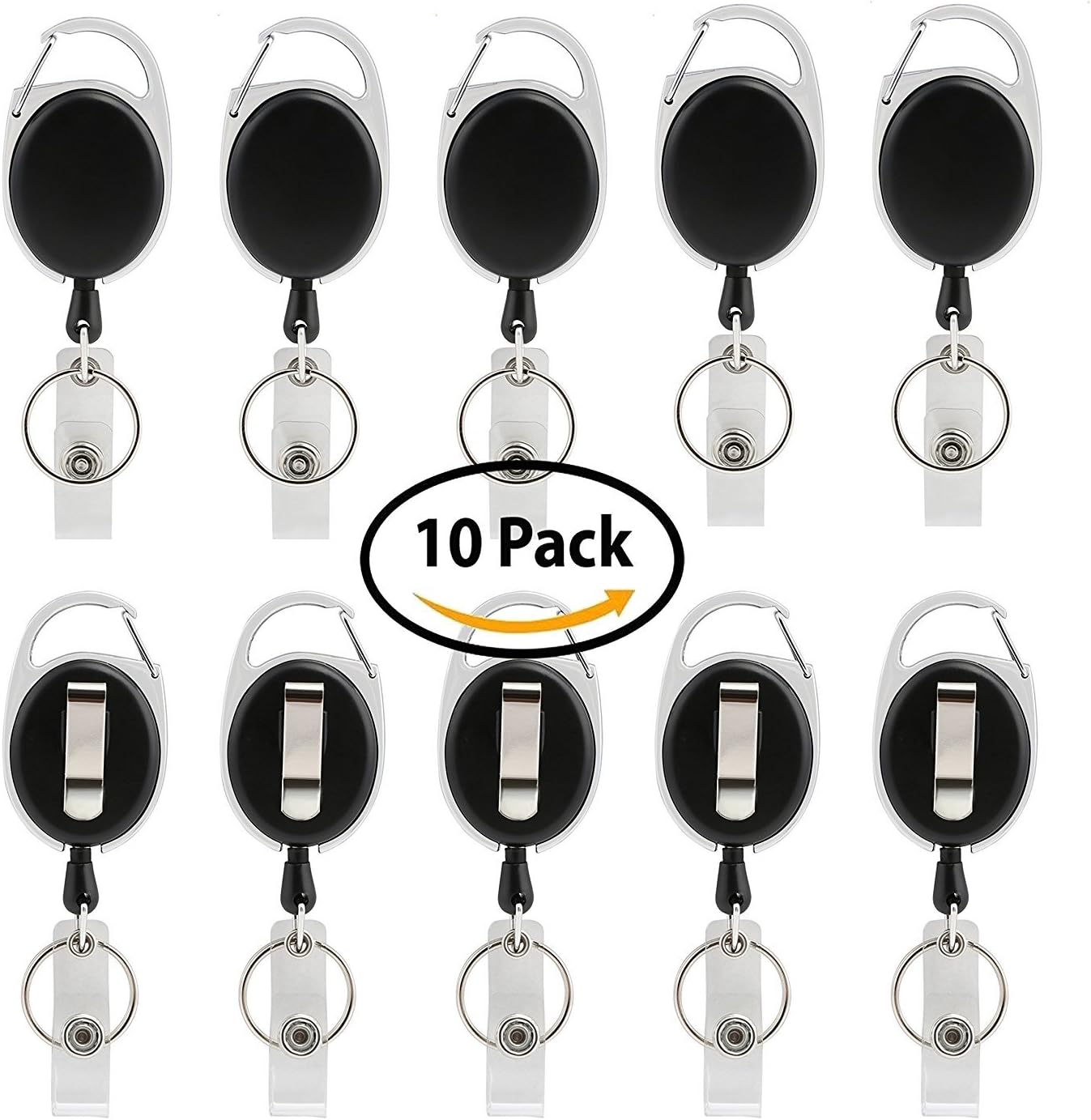 Retractable Badge Holder with Key Ring Carabiner Reel Clip On Id Card Holders, Pack of 10