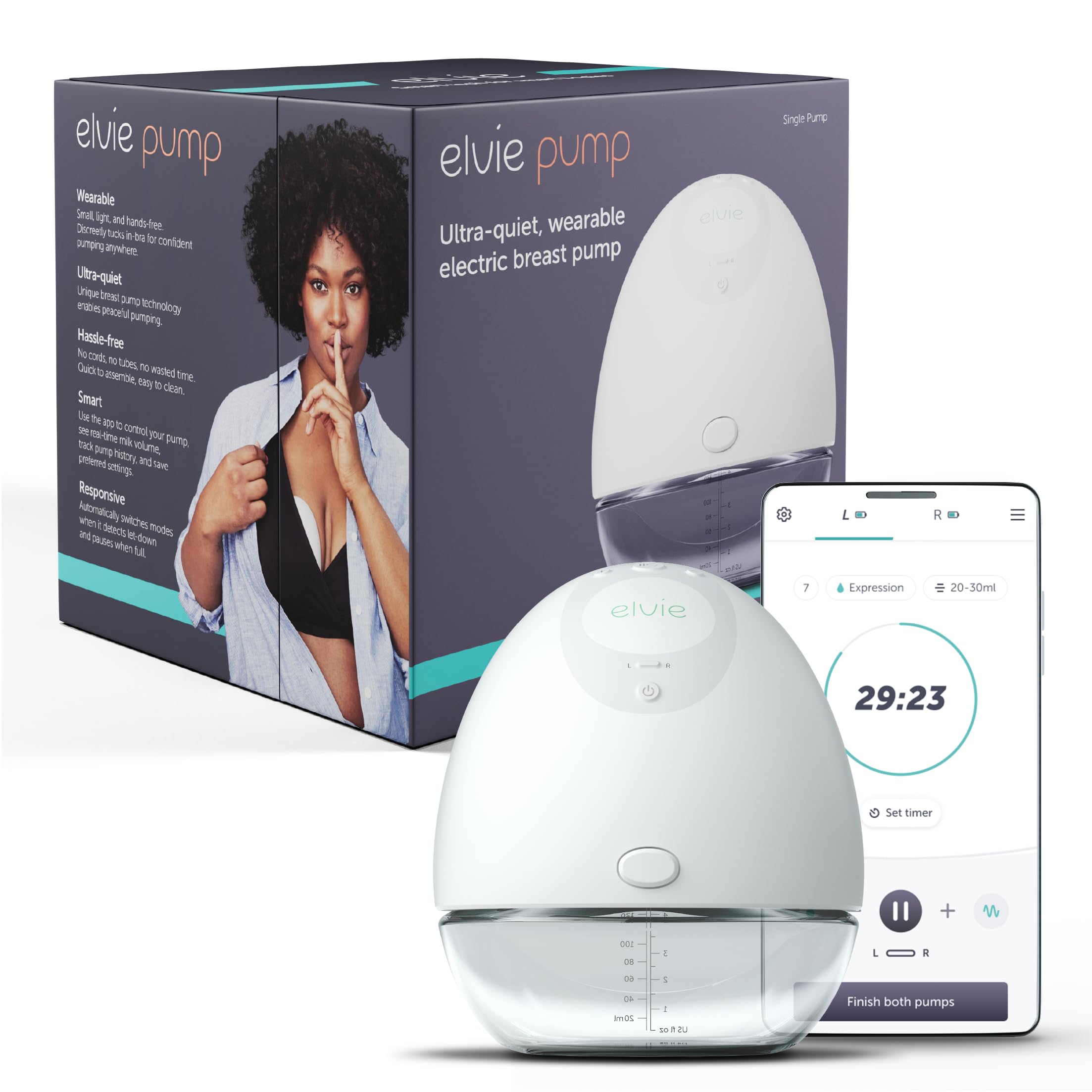 Elvie Single Breast Pump (21mm/24mm Nipple Shields), Silent Electric Breastfeeding Pump, Hands-Free in-Bra Design, Smart App Control, Ultra-Discreet, Tubeless & Cordless, BPA-Free