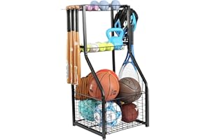 YueTong Sports Equipment Organizer for Garage Organization,Ball Storage With Basketball Holder and Ball Cart Rack,Outdoor Toy Storage with Bin for Nerf Gun,Football,Volleyball Stuf,Gym Accessories