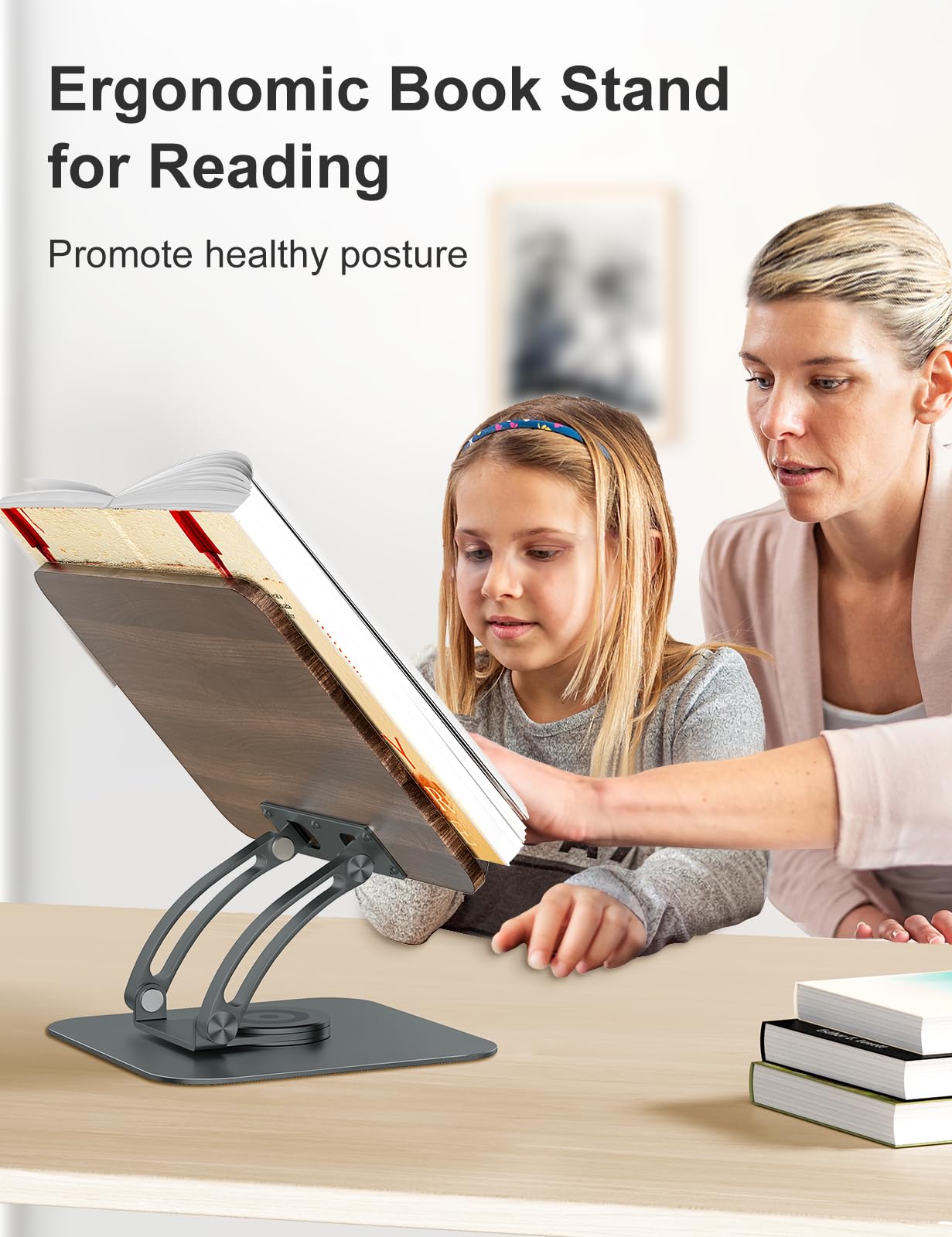 Tounee Book Stand for Reading, Adjustable Book Holder with 360° Swivel Base, Foldable Cookbook Stand Recipe Book Holder with Elastic Page Clips for Music Scores, Recipe, Tablet, Laptop-Gray