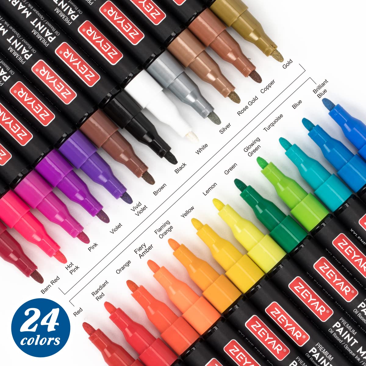 ZEYAR Oil-Based Paint Markers, Fine Point 24 Colors, AP Certified, Works on Rock painting, Wood, Glass, Metal, Ceramic and more (24 Colors Fine Point)