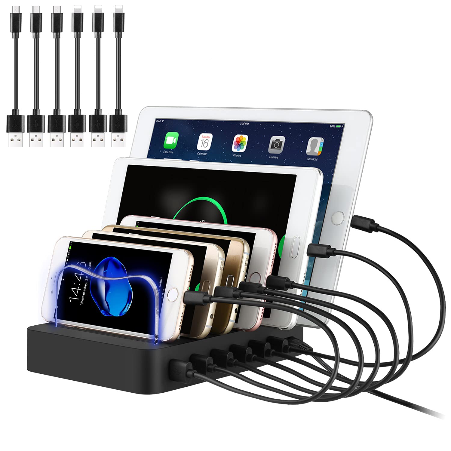 PRITEK Smart IC USB Charger with Cables for Cellphones, Tablets, Earphones and More - 6 Ports Multi Device Charger Station (Black) [Original: Organizer; Updated: Docking Station] — image 1