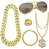 5 Piece Hip Hop Theme Accessories Kit - Retro Chains with Coin Design, Punk Style Glasses & Dollar Ring for Costume Parties, 80s 90s Rapper Fashion