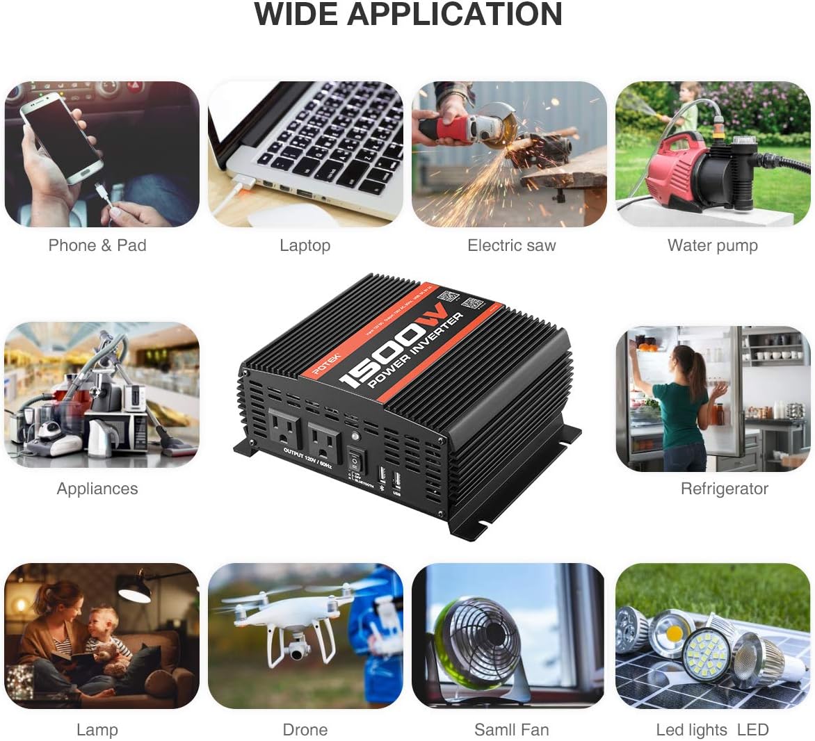 POTEK 1500W Power Inverter Dual AC Outlets DC 12V to 110 V Car Inverter with USB and Bluetooth: Automotive