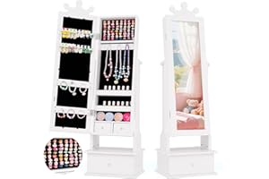 HONEY JOY Kids Jewelry Armoire Cabinet, 2-Angle Wooden Standing Jewelry Organizer w/Full-length Mirror and Storage Drawers, 64 Ring Slots, Children Dress Up Jewelry Cabinet for Little Girls(White)