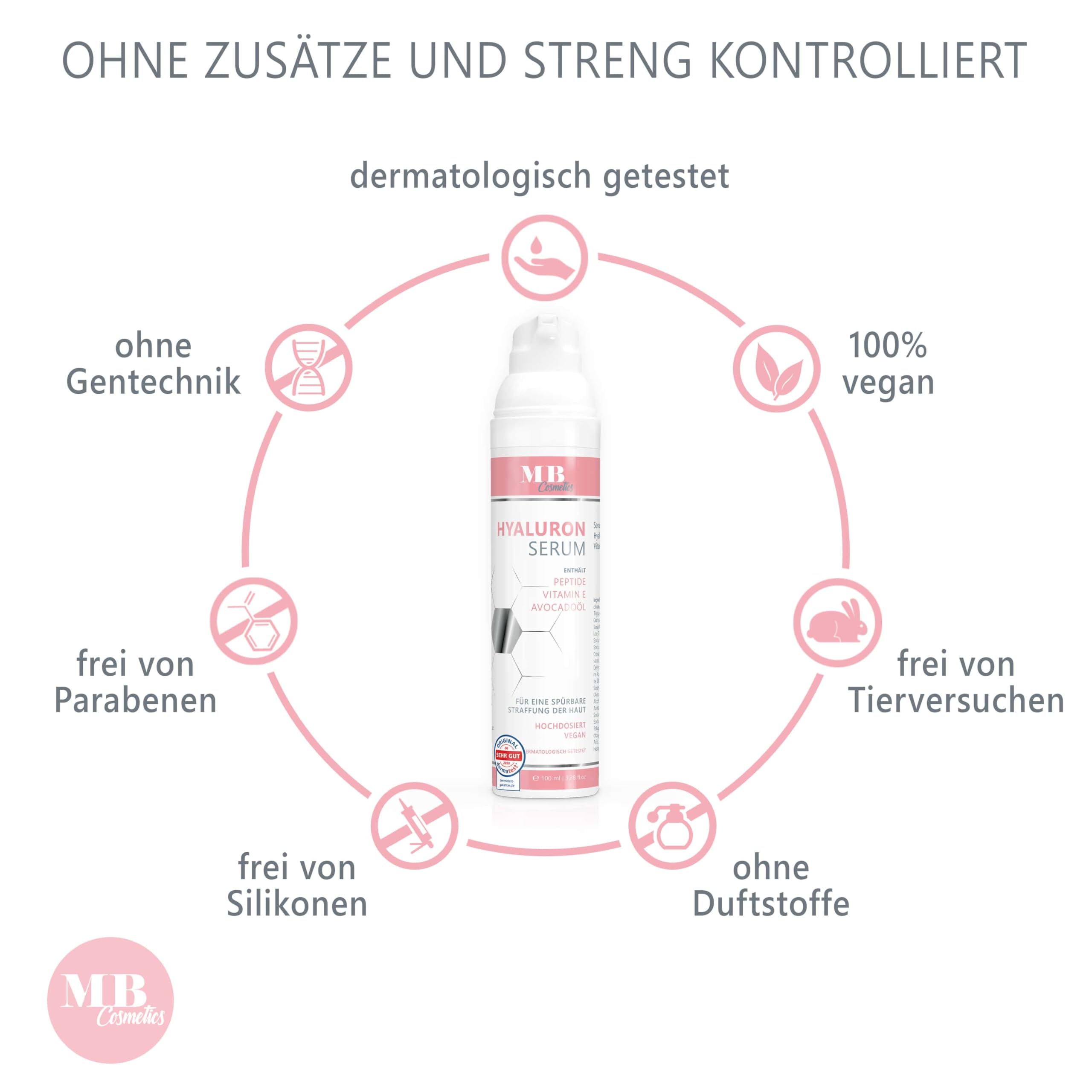 Hyaluron Serum hochdosiert 100ml - mit Anti Aging Booster Avocado-Ol, Peptiden und Vitamin E - vegane Anti-Falten Gesichtscreme für Augen, Hals und Dekollete mit quervernetzter Hyaluronsäure 4