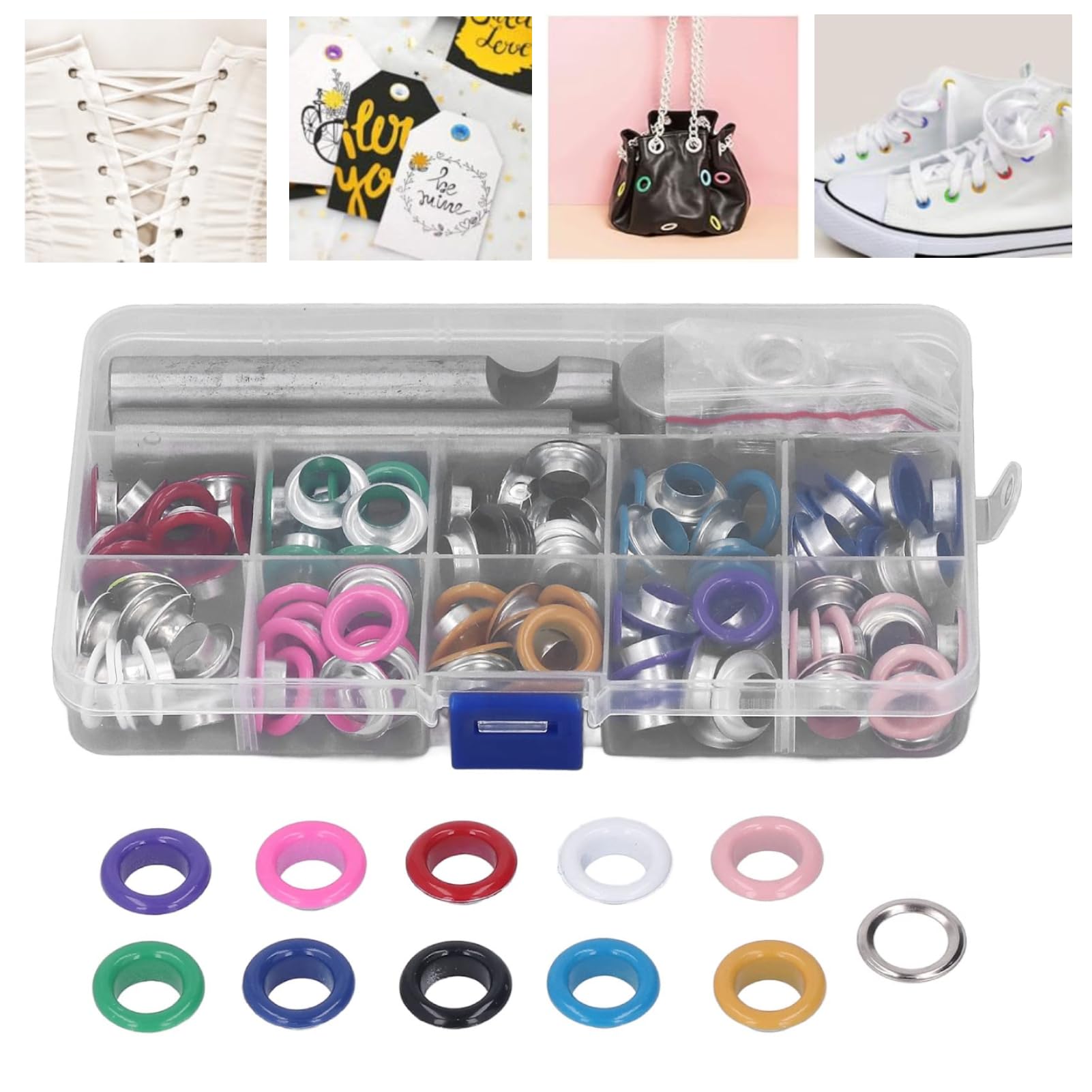 Fyearfly Eyelet Kit, 10mm Colorful Durable Easy Installation Leather Grommets Kit Eyelet Grommet Kits, Metal Eyelets for Shoes Clothes Leather Crafts DIY