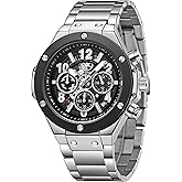 SENSETONE Mens Watches Quartz Movement Chronograph Stainless Steel Black Strap Fashion Business Sport 30M Waterproof Big Dial Wristwatch Elegant Watch for Men Luminous Calendar