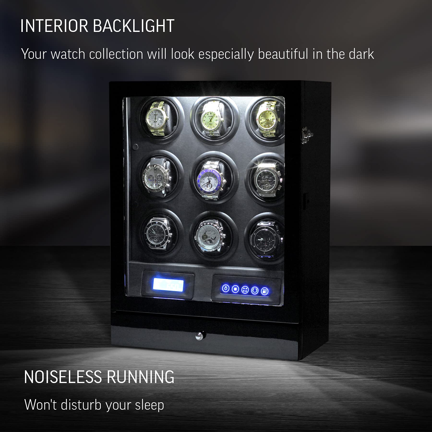Leader WATCH WINDERS 9 Watch Winder with LED Backlight, Remote Control, LCD Display and 2 Watches Storage Compartment (Black + Black)