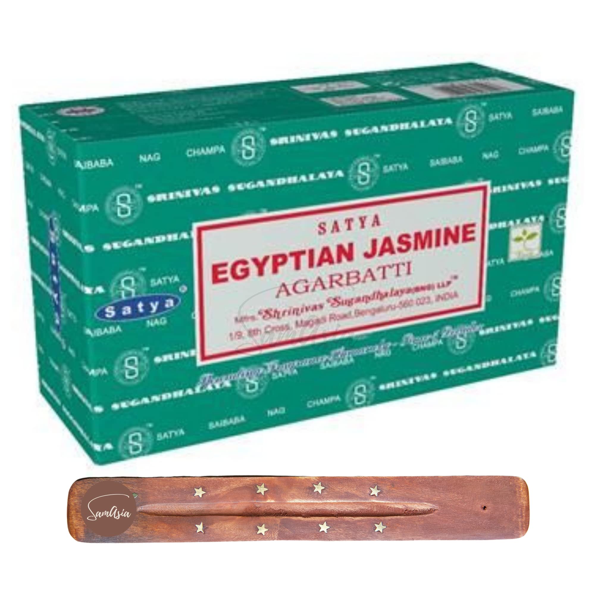 Satya Nag Champa Egyptian Jasmine Incense Sticks | x12 pack | with SAMASIA incense sticks holder | Used for Egomatherapy, Spa, Yoga, Weddings, Meditation, Healing, Positivity and Relaxation