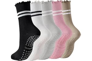 5 Pairs Pilates Grip Socks for Women Yoga Socks Ruffle Frilly Non Slip Cotton Sticky Socks for Athletic Workout Hospital Barr