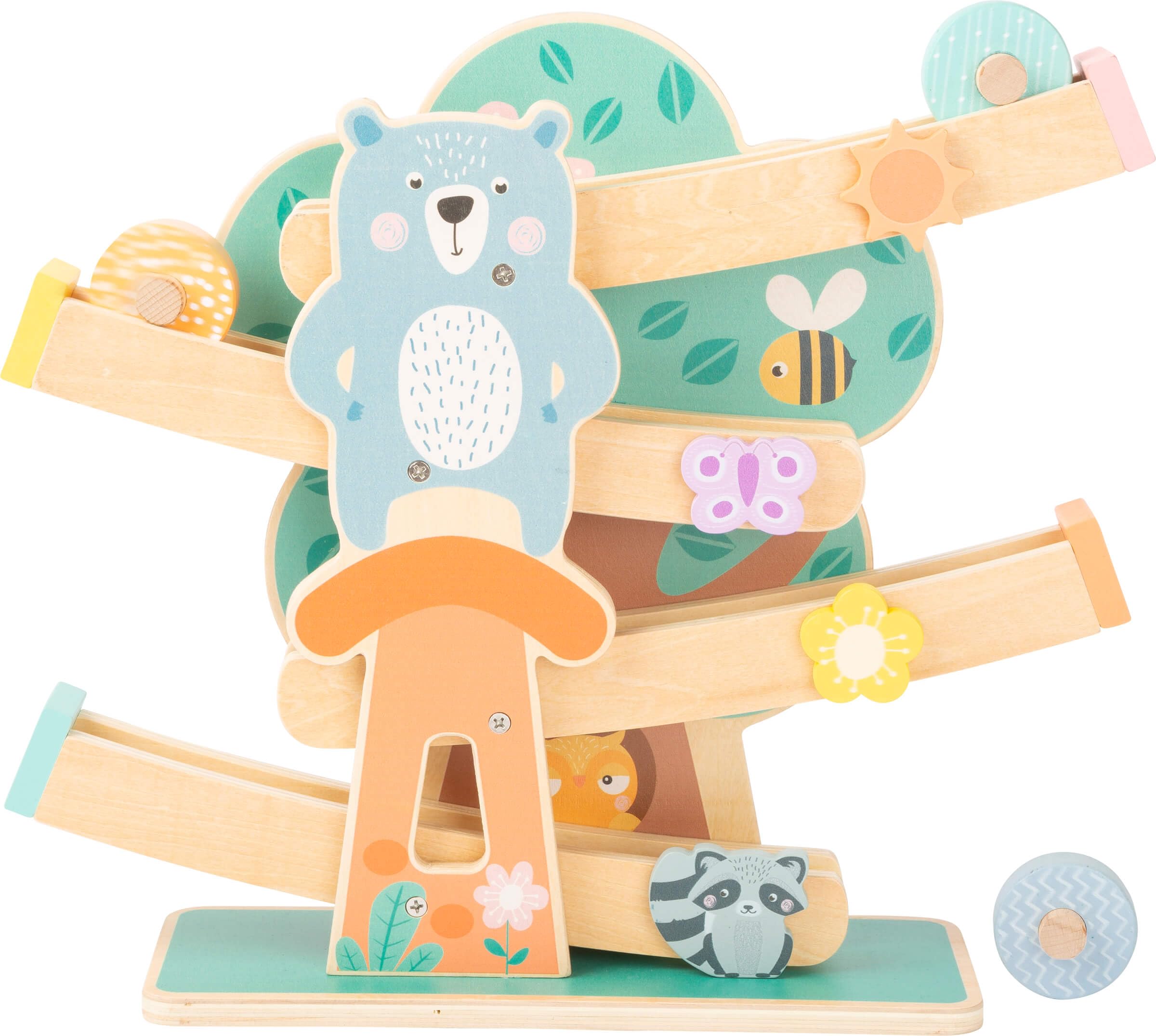 Small Foot 11473 Wooden Marble Run, on 3 wheels with animals and flowers in bright colours, for ages 1.5+ years