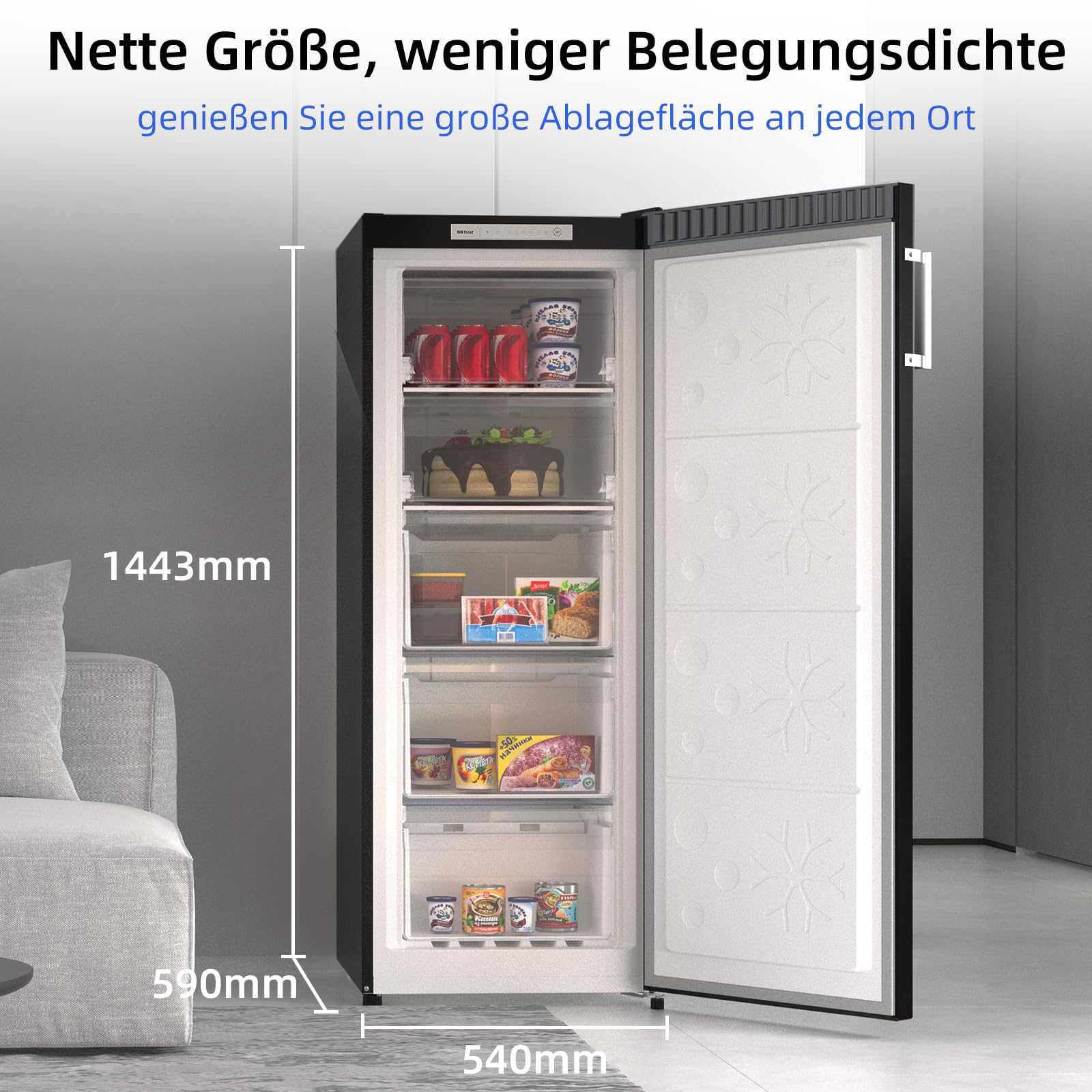 CHiQ Gefrierschrank No Frost 166 L, MultiAirflow, 4-Sterne-Gefrieren｜5 Schubladen + 1 obere Klappe, 144cm H | 209 kWh/Jahr, mit LED, Wechselbarer | Schwarz, FSD166NE4E 2