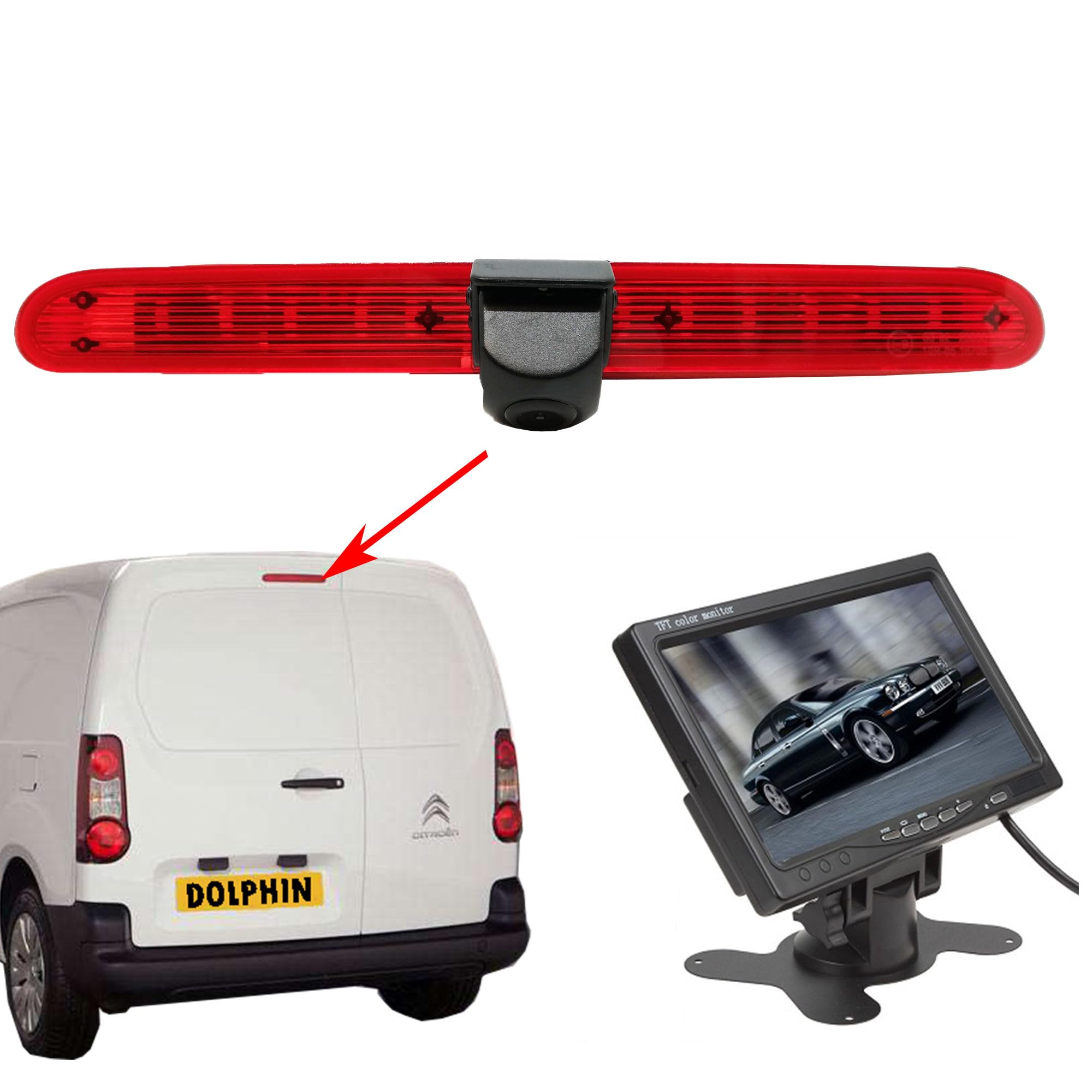 Dolphin Automotive Brake Light Rear Reversing Camera Fits Citroen Berlingo & Peugeot Partner II 2008-2018 (Camera With 7" Dash Monitor)