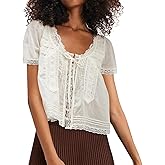 Naileksi Women Boho Button Down Lace Trim Crop Tee Top Short Sleeve Scoop Neck Ruffle Semi Sheer Flowy Tie Front T Shirt