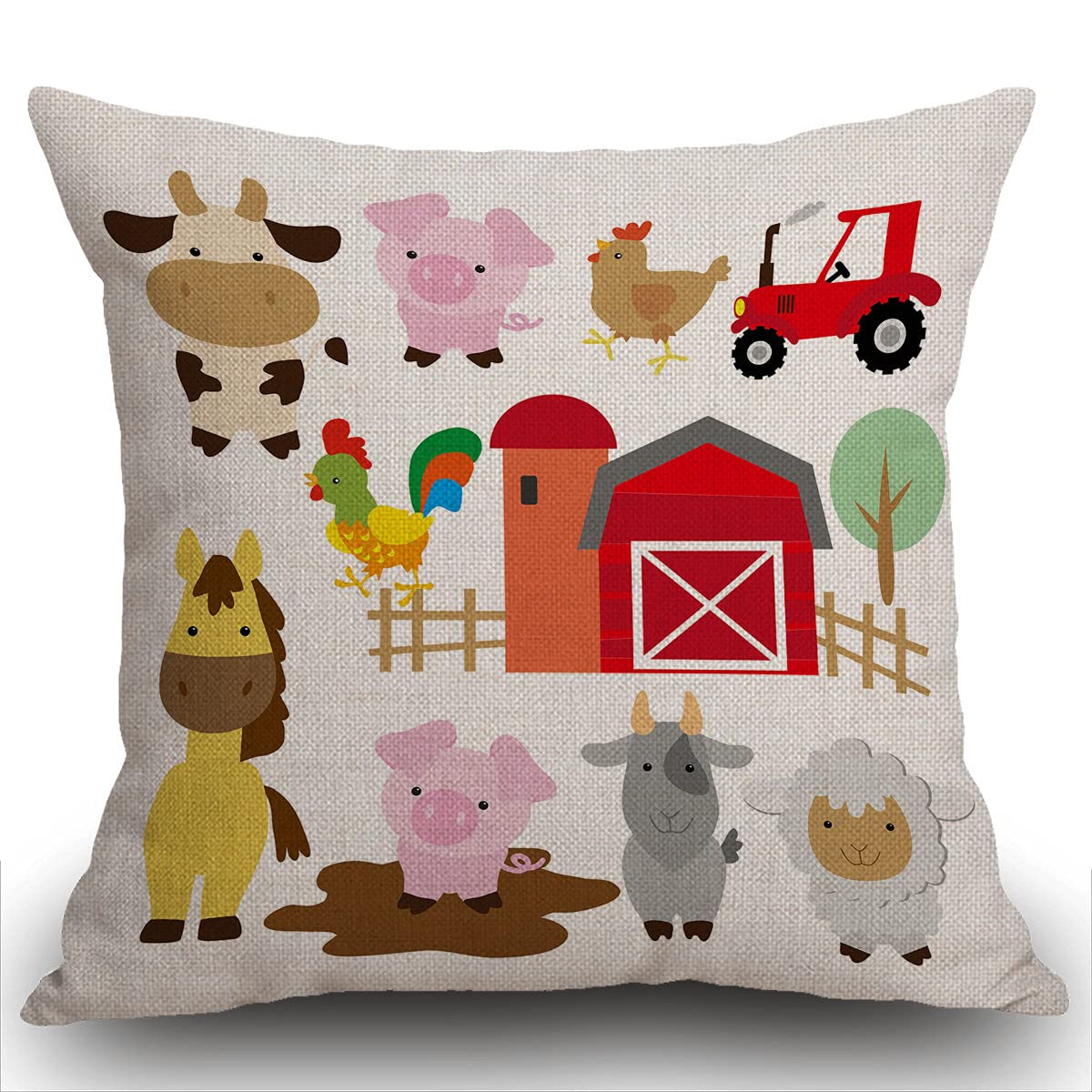 Smooffly Double Sided Farm Animal Cushion Cover, Cute Cartoon Pig Cow Horse Sheep Goat Hen Rooster Throw Pillow Cover Pillow Case 18 X 18 Inches for Home Living Room Sofa Garden Couch Car 45x45CM