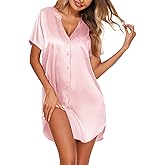 Ekouaer Women's Satin Nightshirt Button Down Sleepshirt Silk Short Sleeve Nightgown V Neck Sleepwear Night Shirts