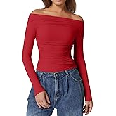 QINSEN Womens Off Shoulder Long Sleeve Tops Ruched Going Out Crop Slim Fitted Double Lined Shirts