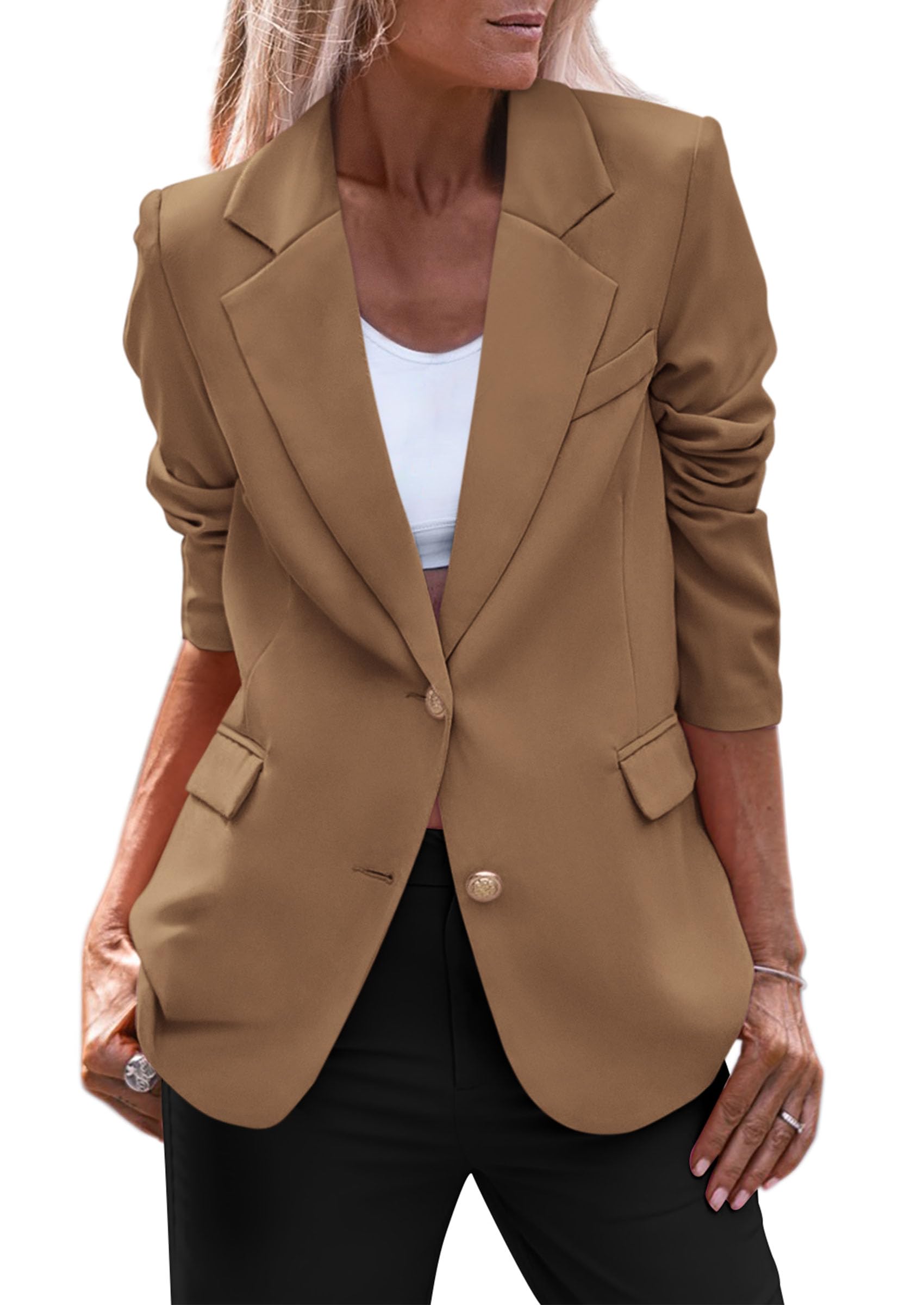 Photo 1 of PRETTYGARDEN Women's Spring Fall Business Casual Blazers Long Sleeve Notch Lapel Trendy Work Office Blazer Jackets Outerwear (Khaki,X-Large)