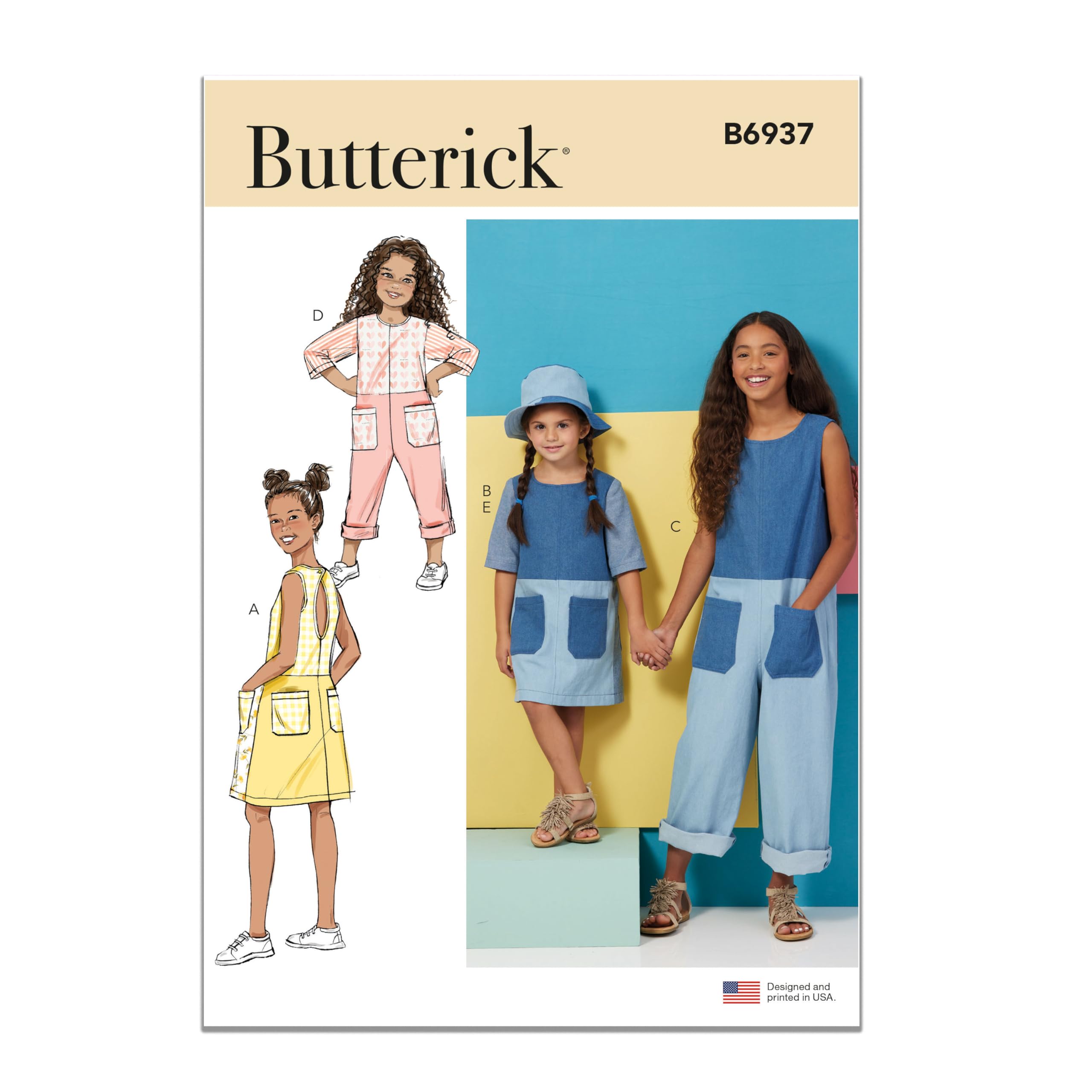 Butterick B6937CCE Children's and Girls' Dress, Romper and Hat in Sizes S-M-L CCE(3-4-5-6)
