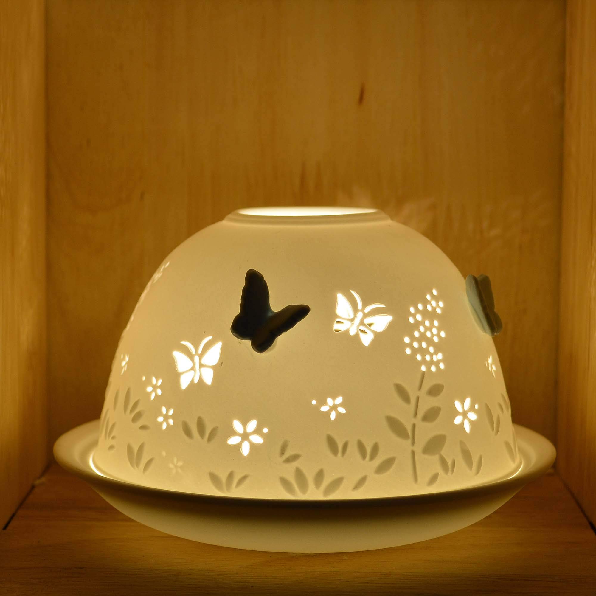 NOV8E Nordic lights Nordic Lights Tealight Candle Holder, Set of Shade & Plate, Blue Butterfly Living, Dining Room Table, Home Decor Accessories-Porcelain-One Size, Finest unglazed, White Patterned