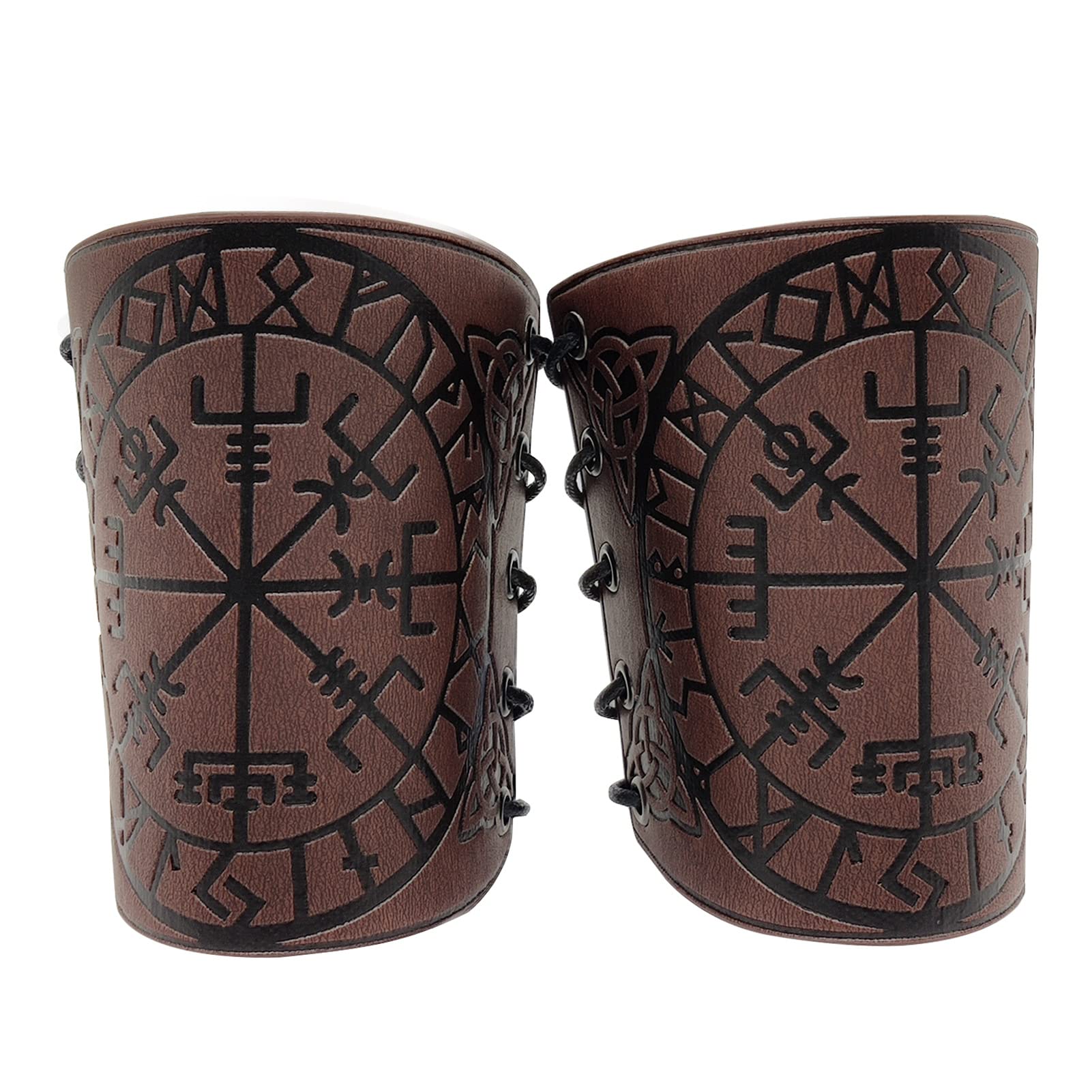 Leather Bracers,Viking Vegvisir Embossed Arm Bracers Adjustable Viking Leather Armor Cuff Gauntlet Wristband Nordic Arm Gauntlets Punk Viking Costume Accessories for Men Women LARP Archery (Brown)