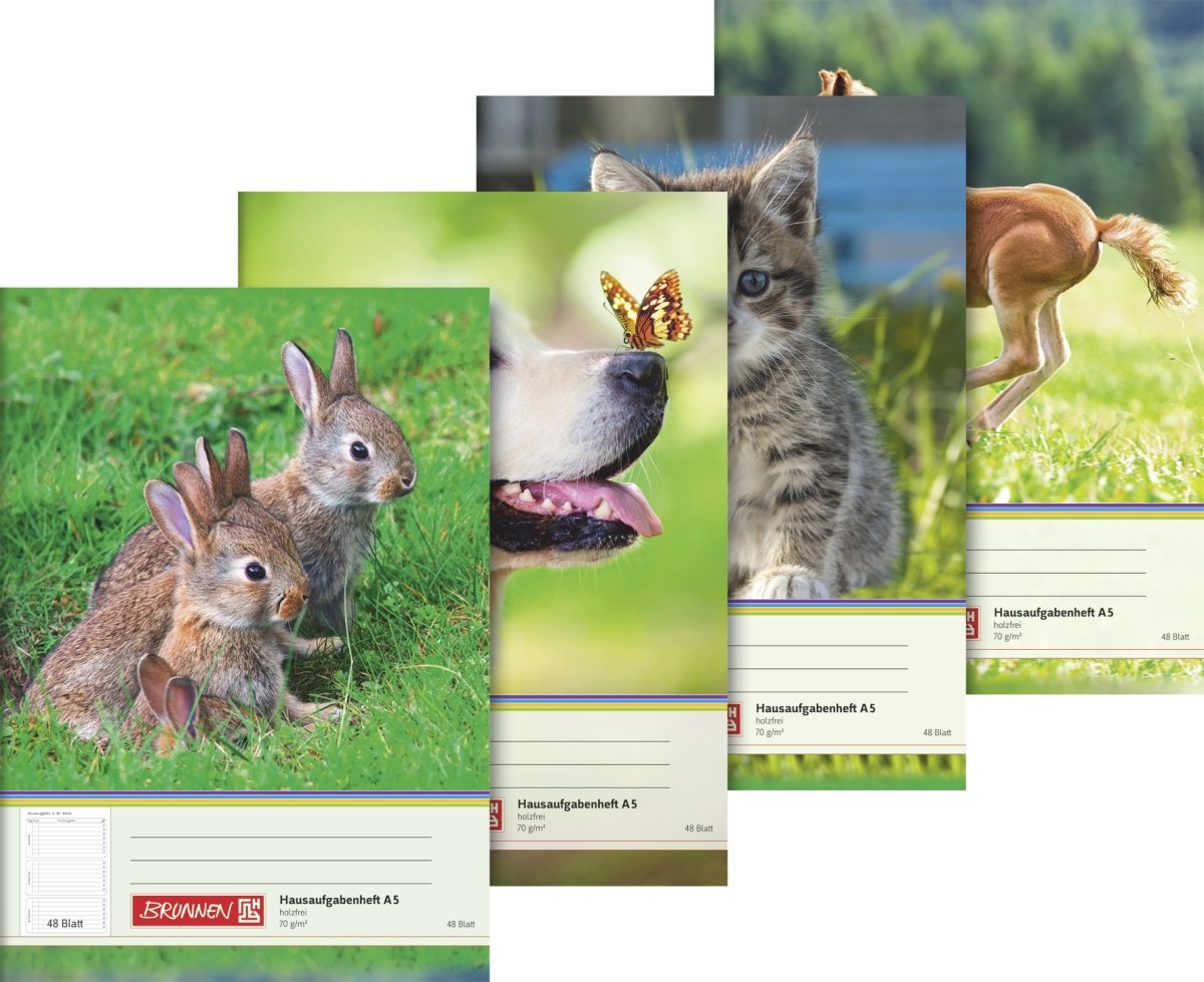 Brunnen Animal 104681402 Homework Book A5, 48 Blatt, 4 Designs)