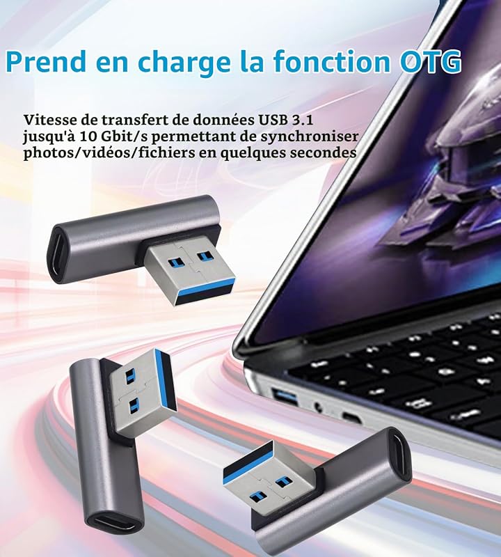 Adaptateur USB 3.1 10 Gbps 90 Degrés Mâle vers Type C Femelle - Transfert de Données OTG pour Tablette Portable - 3 Pack (Argent)